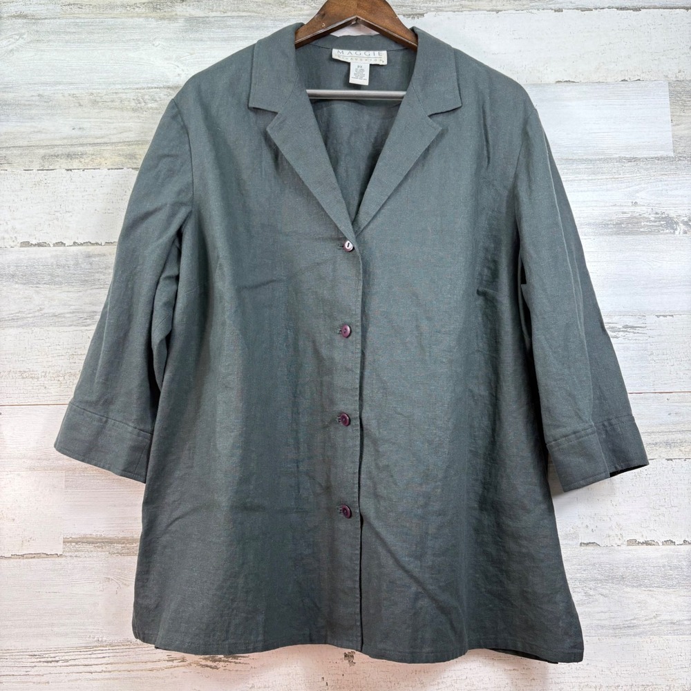 Maggie McNaughton Womens 2X Charcoal Gray Linen Blend 3/4 Sleeve Button Down Top